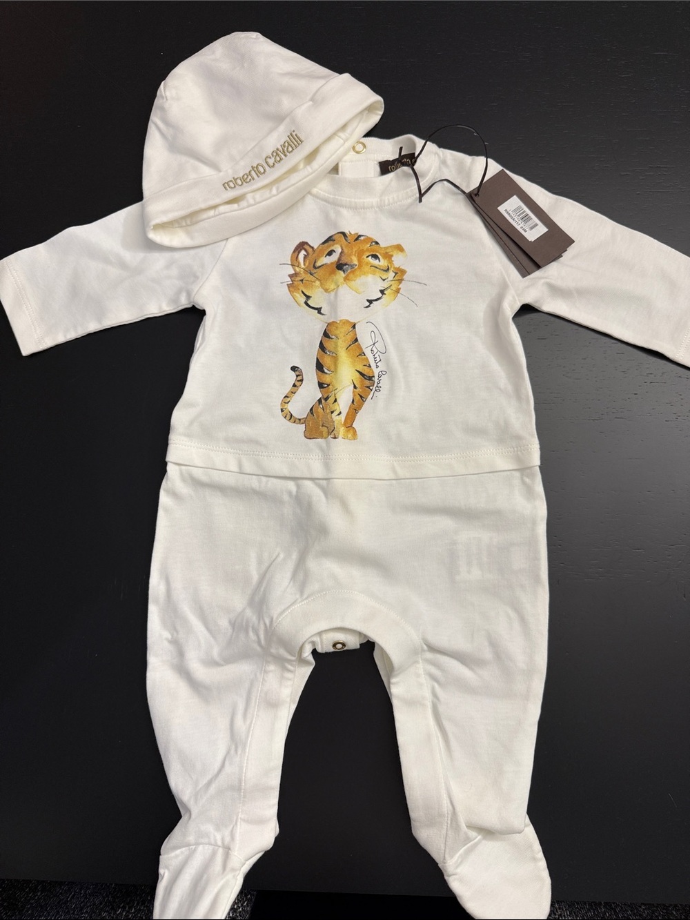 Roberto Cavalli Cream Baby One-Piece with Tiger Motif and Hat